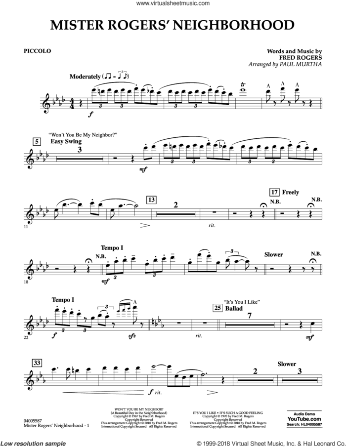 Mister Rogers' Neighborhood (Arr. Paul Murtha) sheet music for concert band (piccolo) by Fred Rogers, Paul Murtha and Mister Rogers, intermediate skill level
