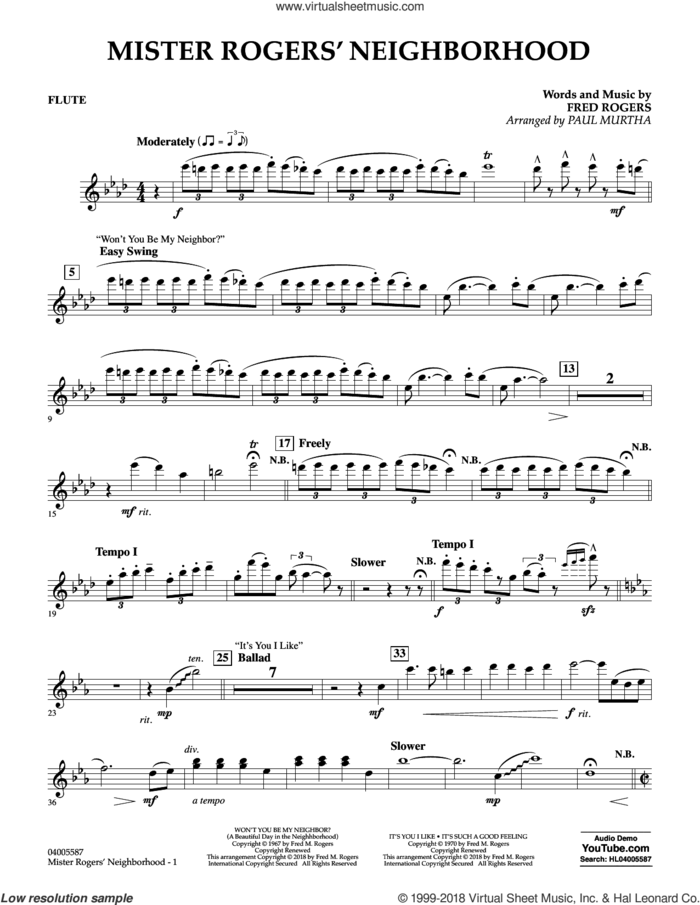 Mister Rogers' Neighborhood (Arr. Paul Murtha) sheet music for concert band (flute) by Fred Rogers, Paul Murtha and Mister Rogers, intermediate skill level