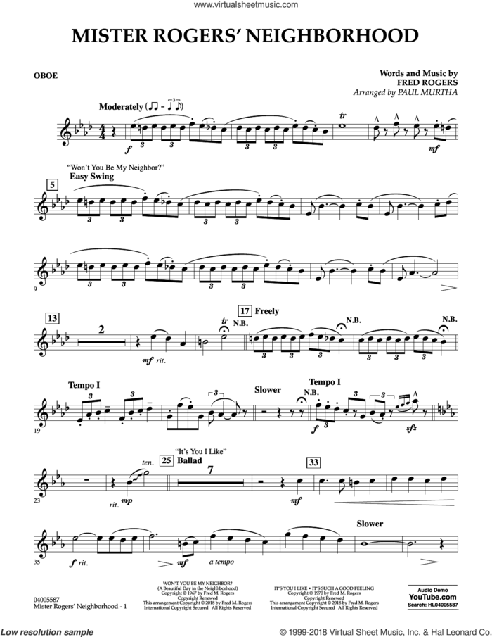 Mister Rogers' Neighborhood (Arr. Paul Murtha) sheet music for concert band (oboe) by Fred Rogers, Paul Murtha and Mister Rogers, intermediate skill level