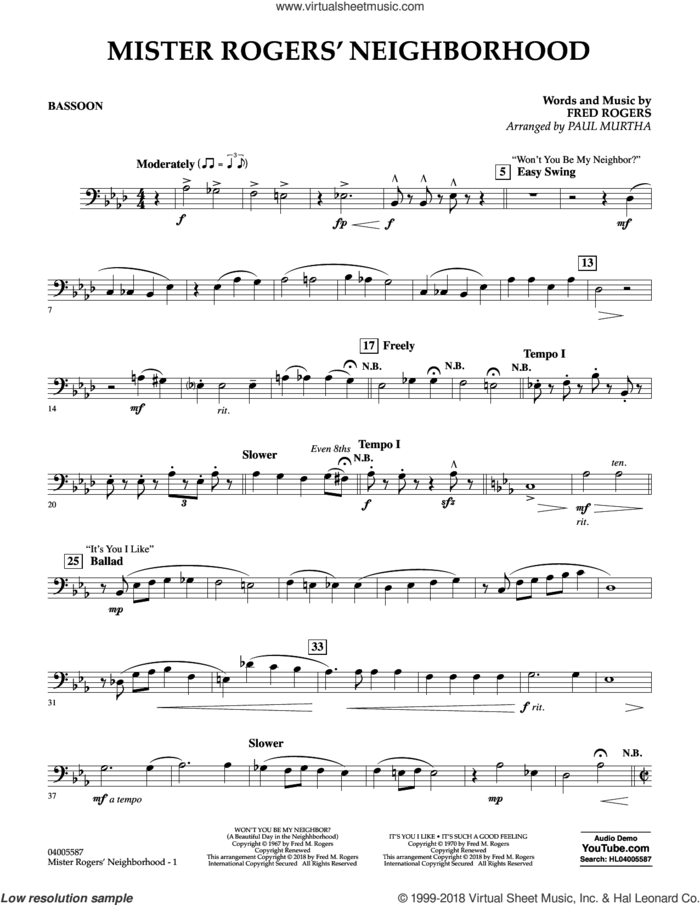 Mister Rogers' Neighborhood (Arr. Paul Murtha) sheet music for concert band (bassoon) by Fred Rogers, Paul Murtha and Mister Rogers, intermediate skill level
