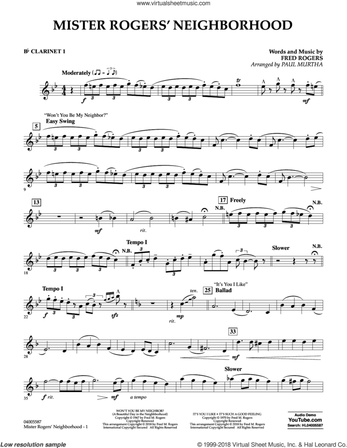 Mister Rogers' Neighborhood (Arr. Paul Murtha) sheet music for concert band (Bb clarinet 1) by Fred Rogers, Paul Murtha and Mister Rogers, intermediate skill level