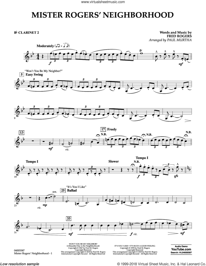 Mister Rogers' Neighborhood (Arr. Paul Murtha) sheet music for concert band (Bb clarinet 2) by Fred Rogers, Paul Murtha and Mister Rogers, intermediate skill level