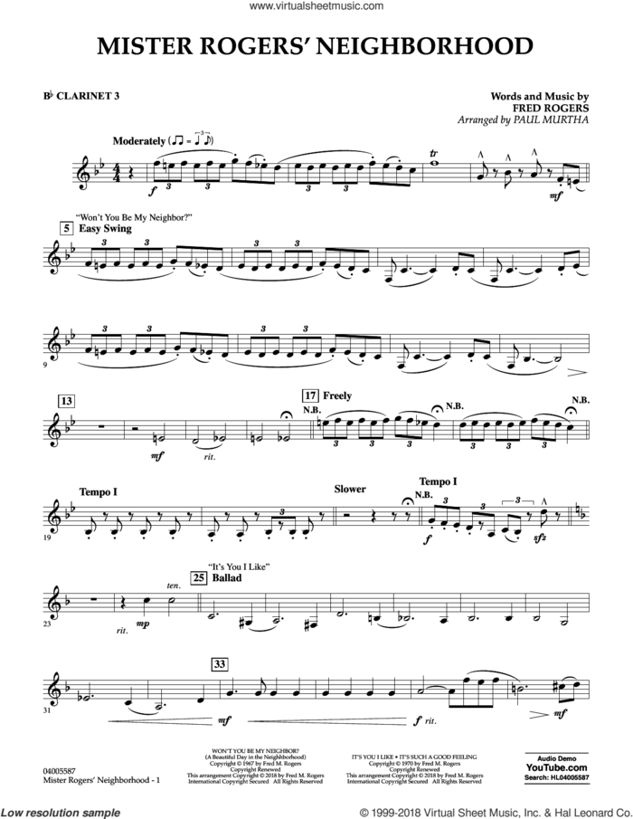 Mister Rogers' Neighborhood (Arr. Paul Murtha) sheet music for concert band (Bb clarinet 3) by Fred Rogers, Paul Murtha and Mister Rogers, intermediate skill level