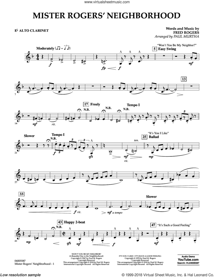 Mister Rogers' Neighborhood (Arr. Paul Murtha) sheet music for concert band (Eb alto clarinet) by Fred Rogers, Paul Murtha and Mister Rogers, intermediate skill level