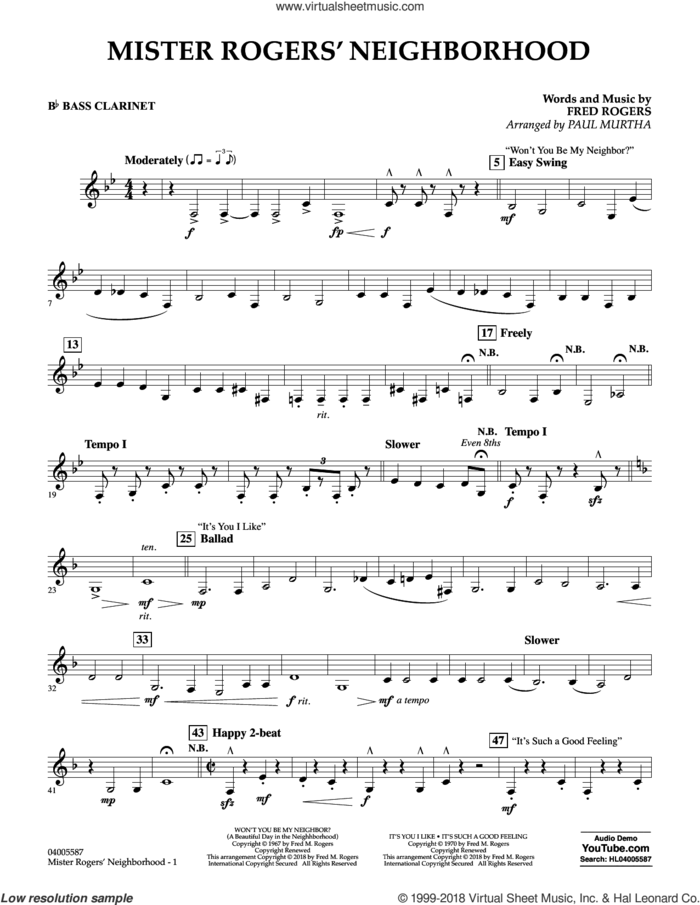 Mister Rogers' Neighborhood (Arr. Paul Murtha) sheet music for concert band (Bb bass clarinet) by Fred Rogers, Paul Murtha and Mister Rogers, intermediate skill level