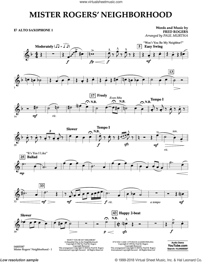 Mister Rogers' Neighborhood (Arr. Paul Murtha) sheet music for concert band (Eb alto saxophone 1) by Fred Rogers, Paul Murtha and Mister Rogers, intermediate skill level