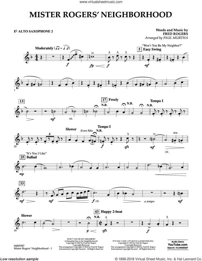Mister Rogers' Neighborhood (Arr. Paul Murtha) sheet music for concert band (Eb alto saxophone 2) by Fred Rogers, Paul Murtha and Mister Rogers, intermediate skill level