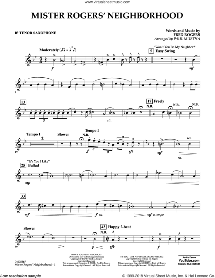 Mister Rogers' Neighborhood (Arr. Paul Murtha) sheet music for concert band (Bb tenor saxophone) by Fred Rogers, Paul Murtha and Mister Rogers, intermediate skill level