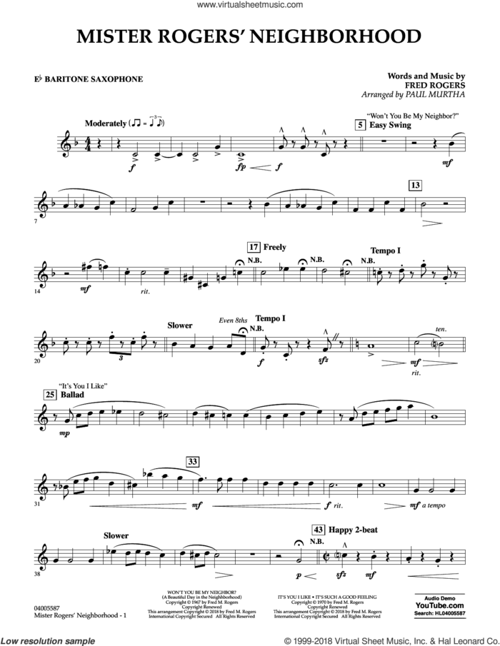 Mister Rogers' Neighborhood (Arr. Paul Murtha) sheet music for concert band (Eb baritone saxophone) by Fred Rogers, Paul Murtha and Mister Rogers, intermediate skill level