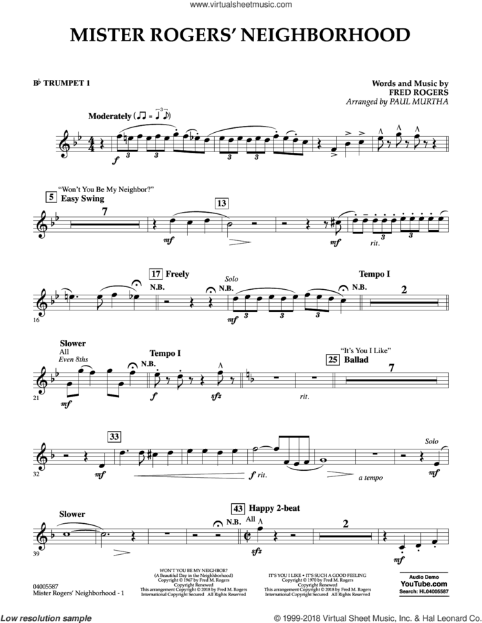 Mister Rogers' Neighborhood (Arr. Paul Murtha) sheet music for concert band (Bb trumpet 1) by Fred Rogers, Paul Murtha and Mister Rogers, intermediate skill level