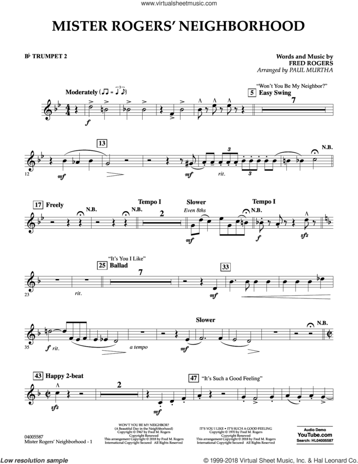 Mister Rogers' Neighborhood (Arr. Paul Murtha) sheet music for concert band (Bb trumpet 2) by Fred Rogers, Paul Murtha and Mister Rogers, intermediate skill level