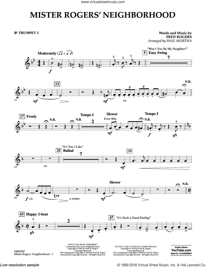 Mister Rogers' Neighborhood (Arr. Paul Murtha) sheet music for concert band (Bb trumpet 3) by Fred Rogers, Paul Murtha and Mister Rogers, intermediate skill level