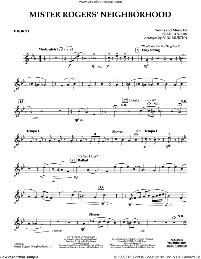 Mister Rogers' Neighborhood (Arr. Paul Murtha) sheet music for concert band (f horn 1) by Fred Rogers, Paul Murtha and Mister Rogers, intermediate skill level