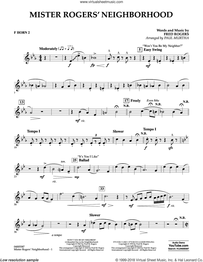 Mister Rogers' Neighborhood (Arr. Paul Murtha) sheet music for concert band (f horn 2) by Fred Rogers, Paul Murtha and Mister Rogers, intermediate skill level
