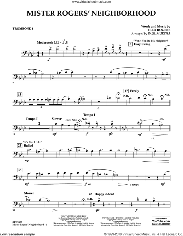 Mister Rogers' Neighborhood (Arr. Paul Murtha) sheet music for concert band (trombone 1) by Fred Rogers, Paul Murtha and Mister Rogers, intermediate skill level