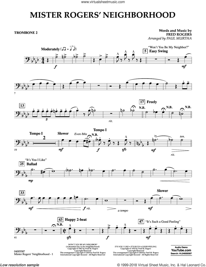 Mister Rogers' Neighborhood (Arr. Paul Murtha) sheet music for concert band (trombone 2) by Fred Rogers, Paul Murtha and Mister Rogers, intermediate skill level