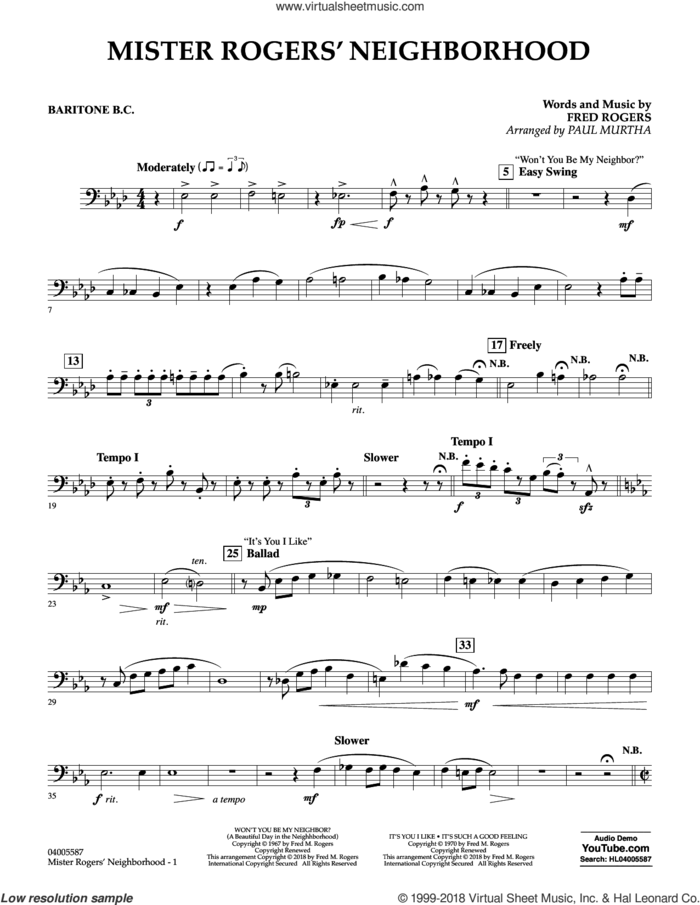 Mister Rogers' Neighborhood (Arr. Paul Murtha) sheet music for concert band (baritone b.c.) by Fred Rogers, Paul Murtha and Mister Rogers, intermediate skill level