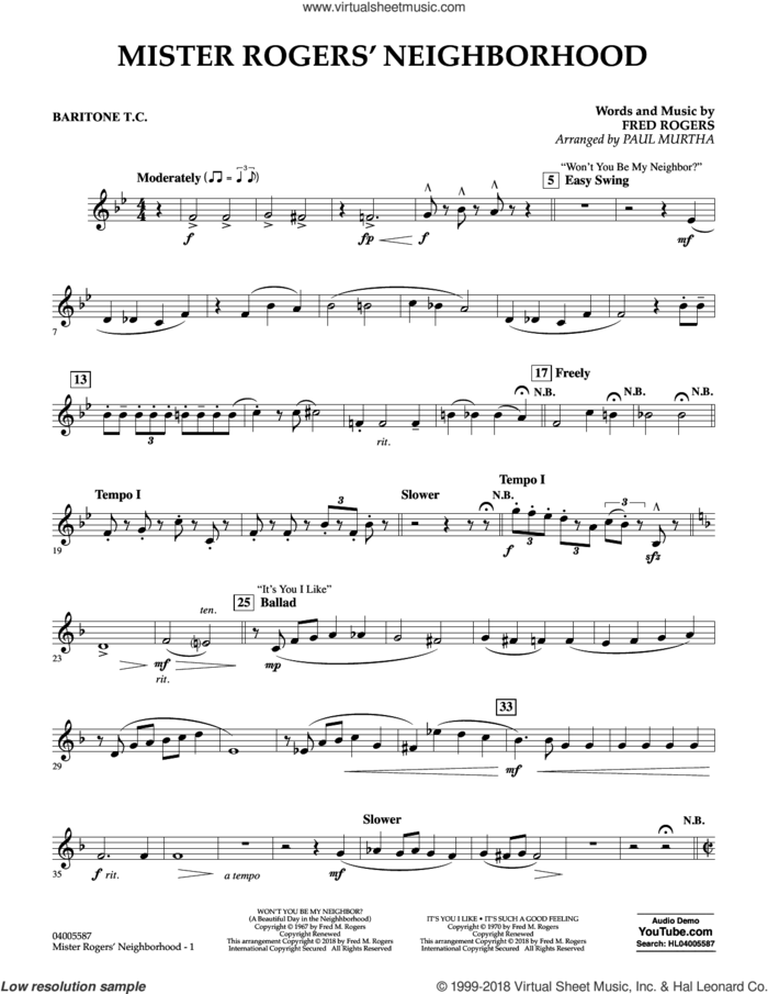 Mister Rogers' Neighborhood (Arr. Paul Murtha) sheet music for concert band (baritone t.c.) by Fred Rogers, Paul Murtha and Mister Rogers, intermediate skill level