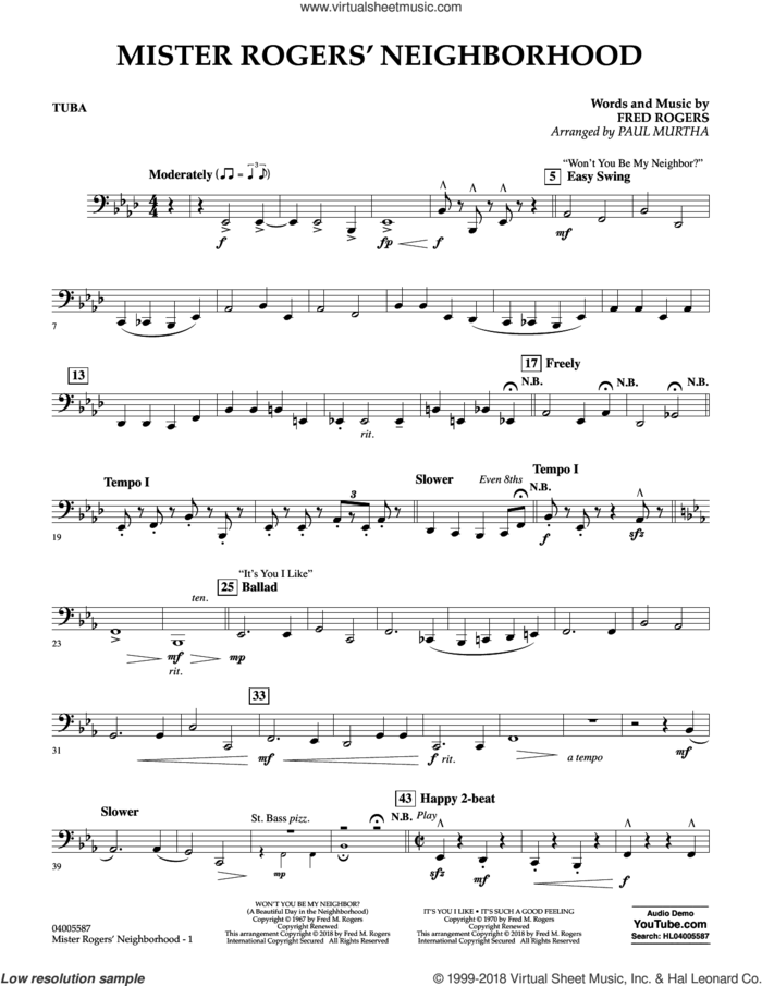 Mister Rogers' Neighborhood (Arr. Paul Murtha) sheet music for concert band (tuba) by Fred Rogers, Paul Murtha and Mister Rogers, intermediate skill level