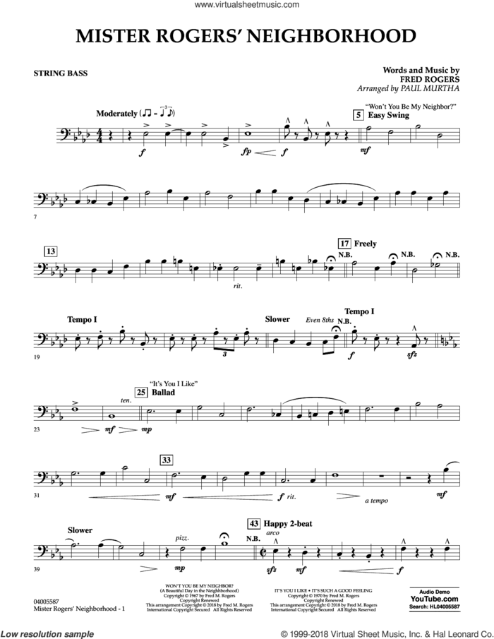 Mister Rogers' Neighborhood (Arr. Paul Murtha) sheet music for concert band (string bass) by Fred Rogers, Paul Murtha and Mister Rogers, intermediate skill level