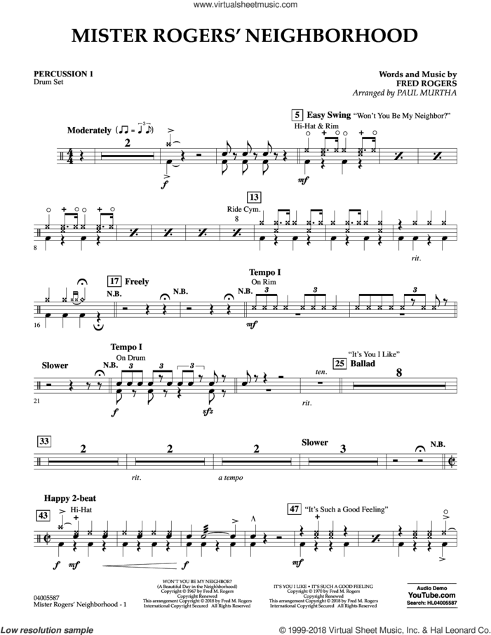 Mister Rogers' Neighborhood (Arr. Paul Murtha) sheet music for concert band (percussion 1) by Fred Rogers, Paul Murtha and Mister Rogers, intermediate skill level