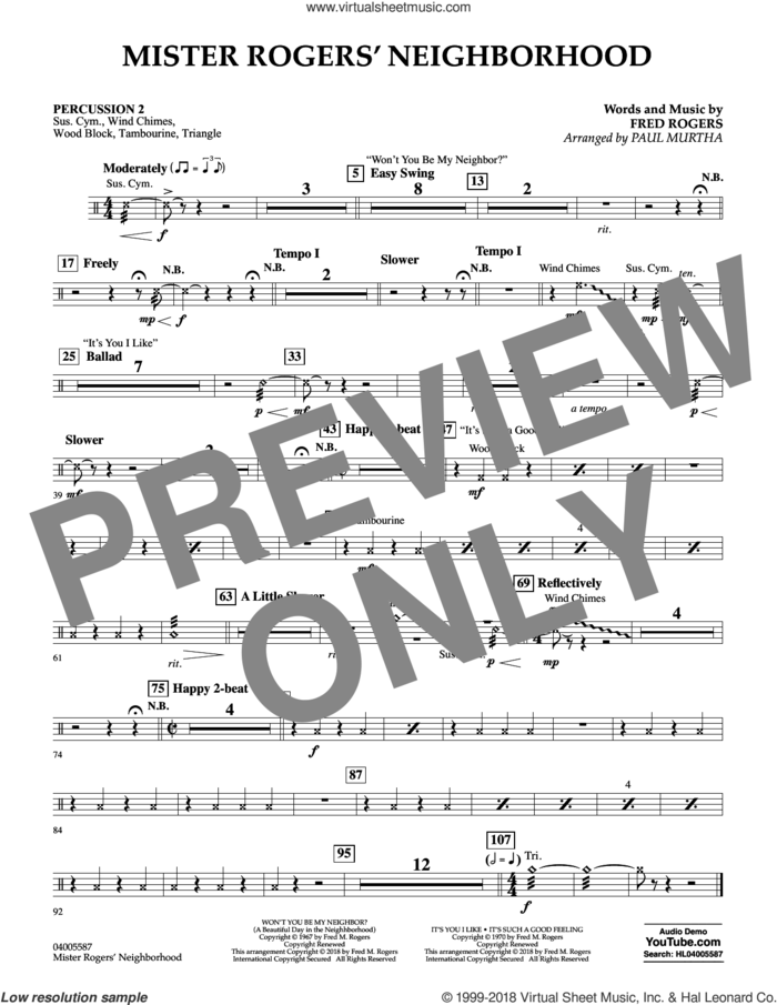 Mister Rogers' Neighborhood (Arr. Paul Murtha) sheet music for concert band (percussion 2) by Fred Rogers, Paul Murtha and Mister Rogers, intermediate skill level