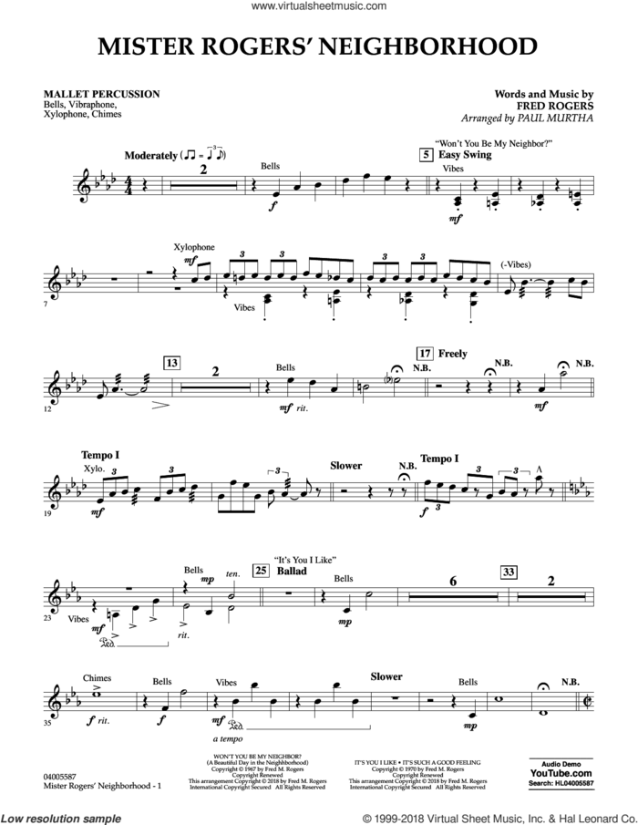 Mister Rogers' Neighborhood (Arr. Paul Murtha) sheet music for concert band (mallet percussion) by Fred Rogers, Paul Murtha and Mister Rogers, intermediate skill level