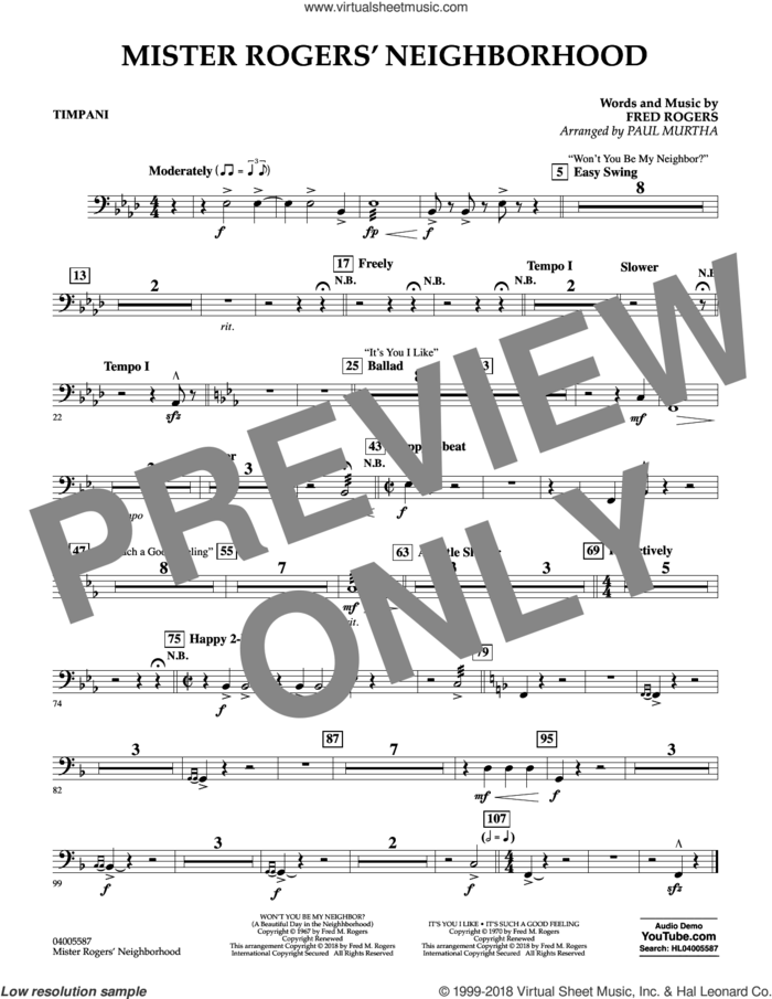Mister Rogers' Neighborhood (Arr. Paul Murtha) sheet music for concert band (timpani) by Fred Rogers, Paul Murtha and Mister Rogers, intermediate skill level