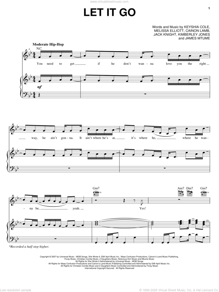 Let It Go sheet music for voice, piano or guitar by Keyshia Cole featuring Missy Elliott & Lil' Kim, Missy Elliott, Cainon Lamb, Jack Knight, James Mtume, Keyshia Cole, Kimberley Jones and Melissa Elliott, intermediate skill level