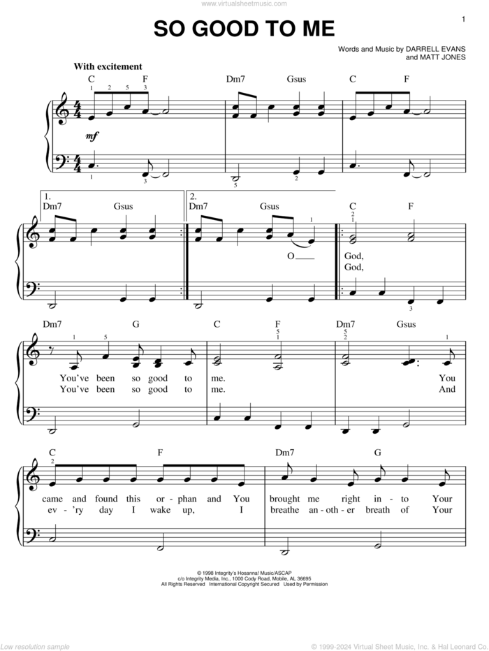 So Good To Me sheet music for piano solo by Darrell Evans and Matt Jones, easy skill level