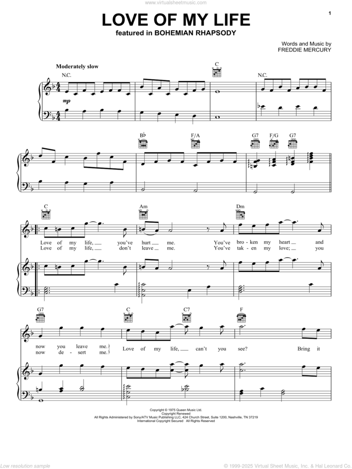 Love Of My Life sheet music for voice, piano or guitar by Queen and Freddie Mercury, intermediate skill level