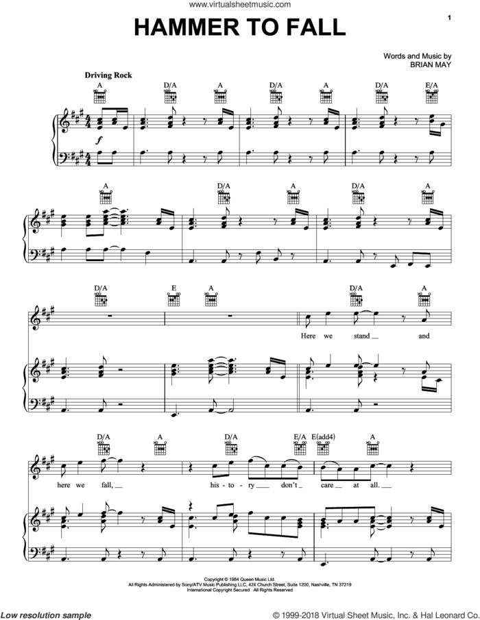 Hammer To Fall sheet music for voice, piano or guitar by Queen, Freddie Mercury and Brian May, intermediate skill level