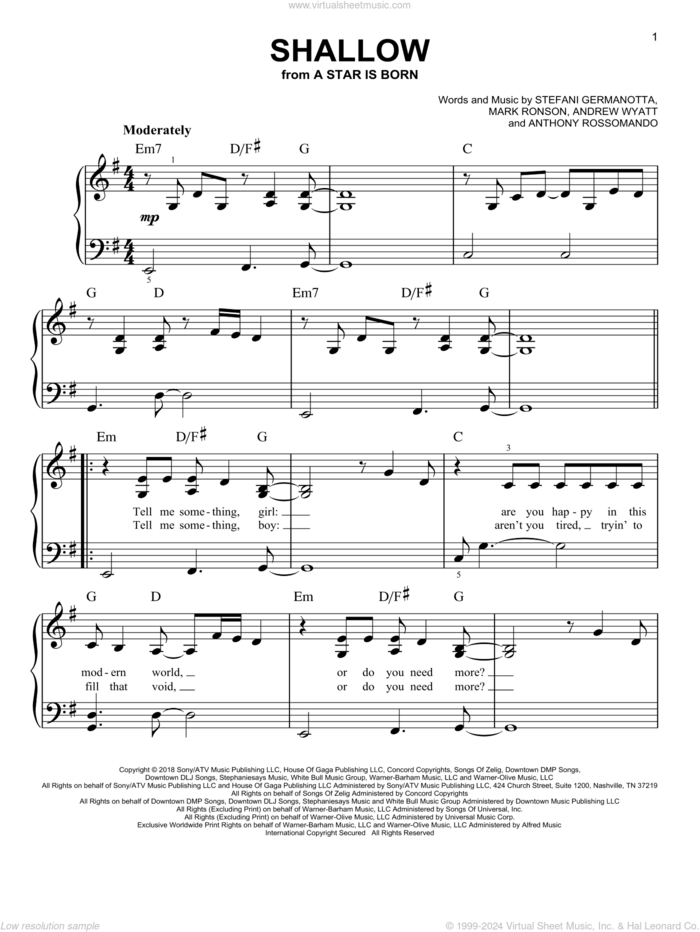 Shallow (from A Star Is Born) sheet music for piano solo by Lady Gaga, Bradley Cooper, Lady Gaga & Bradley Cooper, Andrew Wyatt, Anthony Rossomando and Mark Ronson, easy skill level