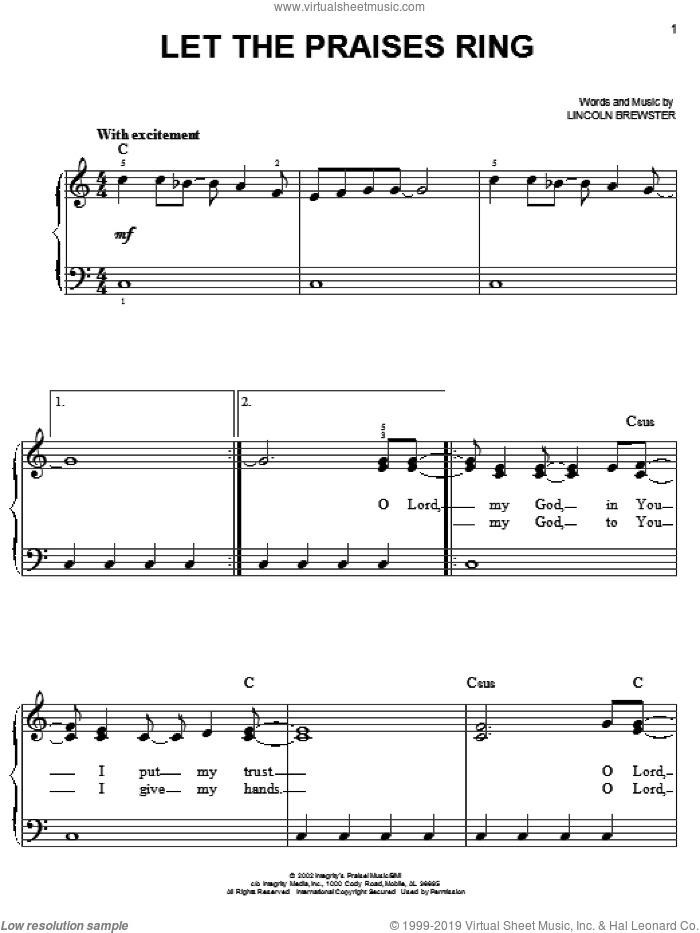 Let The Praises Ring sheet music for piano solo by Lincoln Brewster, easy skill level