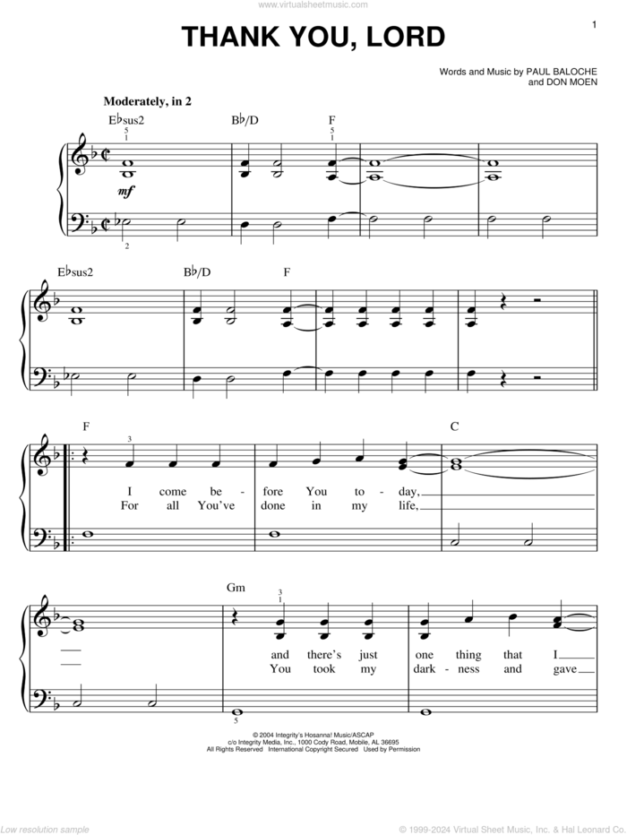 Thank You, Lord sheet music for piano solo by Paul Baloche and Don Moen, easy skill level