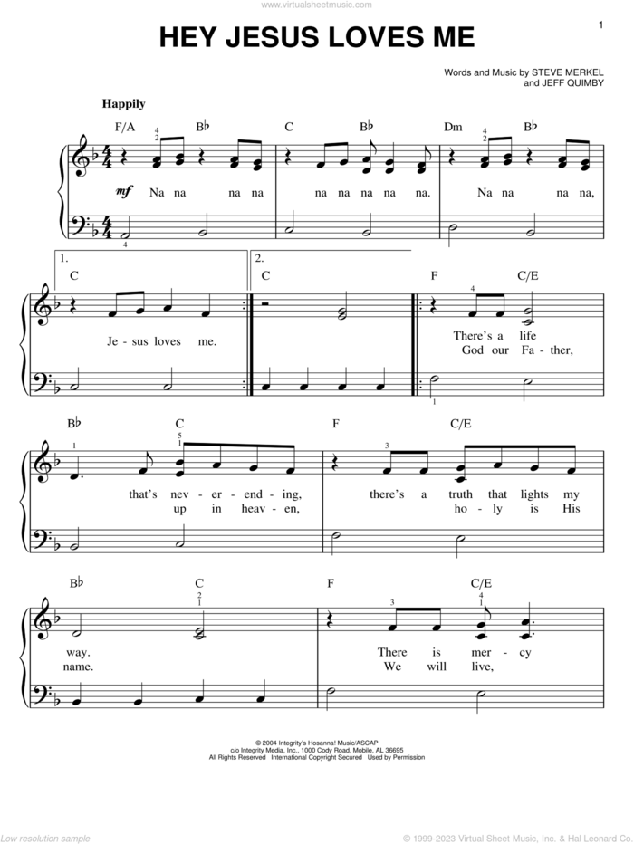 Hey Jesus Loves Me sheet music for piano solo by Steve Merkel and Jeff Quimby, easy skill level