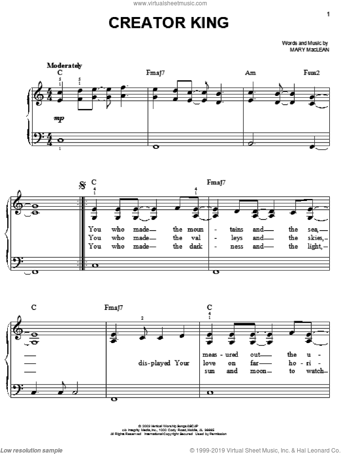 Creator King sheet music for piano solo by Mary Maclean, easy skill level