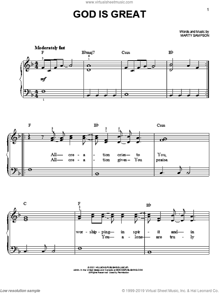 God Is Great sheet music for piano solo by Marty Sampson and Hillsong Worship, easy skill level