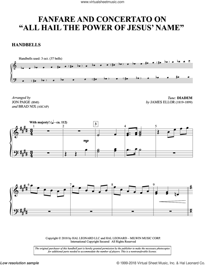 Fanfare And Concertato on 'All Hail the Power of Jesus' Name' sheet music for orchestra/band (handbells) by John Rippon, Jon Paige & Brad Nix and Edward Perronet, intermediate skill level