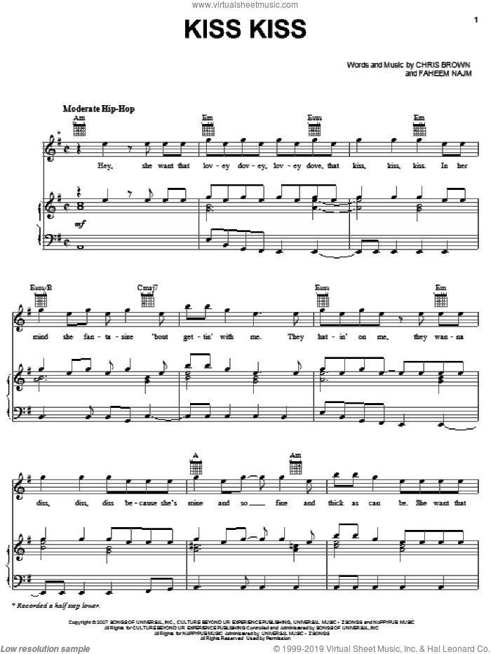Kiss Kiss sheet music for voice, piano or guitar by Chris Brown featuring T-Pain, T-Pain, Chris Brown and Faheem Najm, intermediate skill level