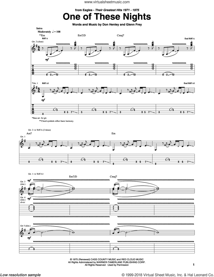 One Of These Nights sheet music for guitar (tablature) by Don Henley, The Eagles and Glenn Frey, intermediate skill level