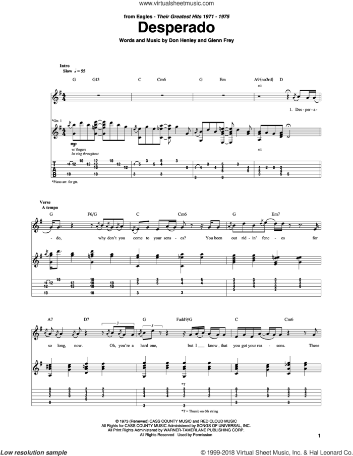 Desperado sheet music for guitar (tablature) by Don Henley, The Eagles and Glenn Frey, intermediate skill level