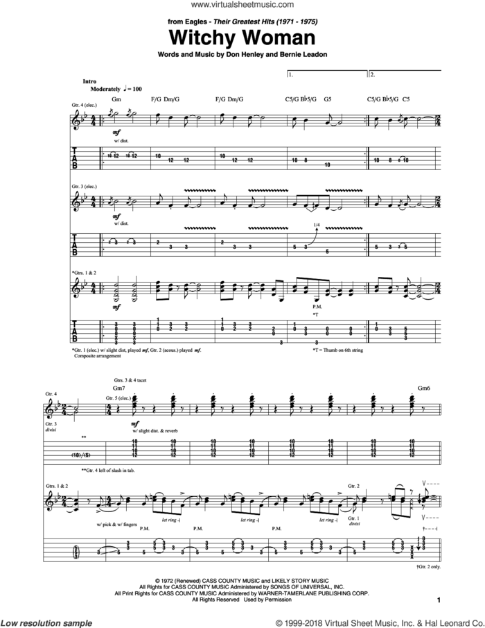 Witchy Woman sheet music for guitar (tablature) by Don Henley, The Eagles and Bernie Leadon, intermediate skill level