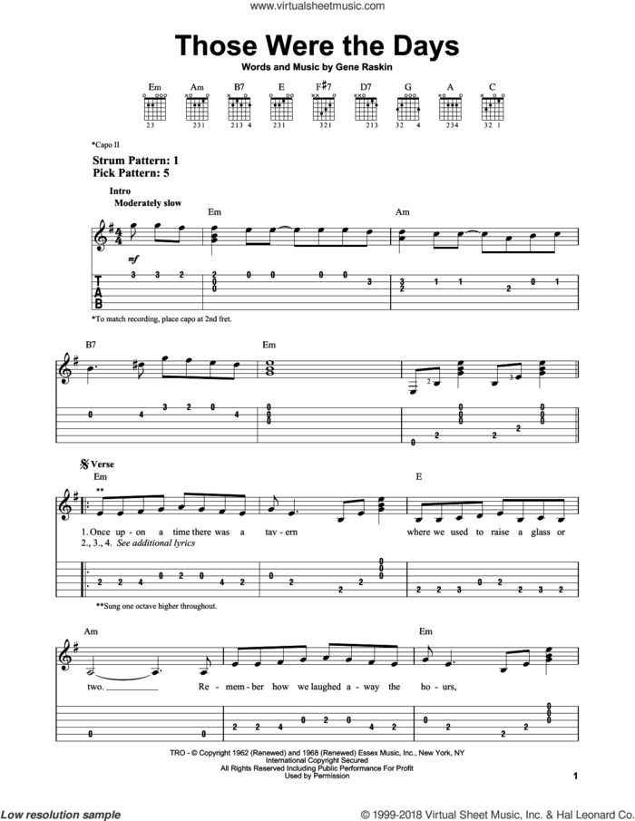 Those Were The Days sheet music for guitar solo (easy tablature) by Mary Hopkins and Gene Raskin, easy guitar (easy tablature)