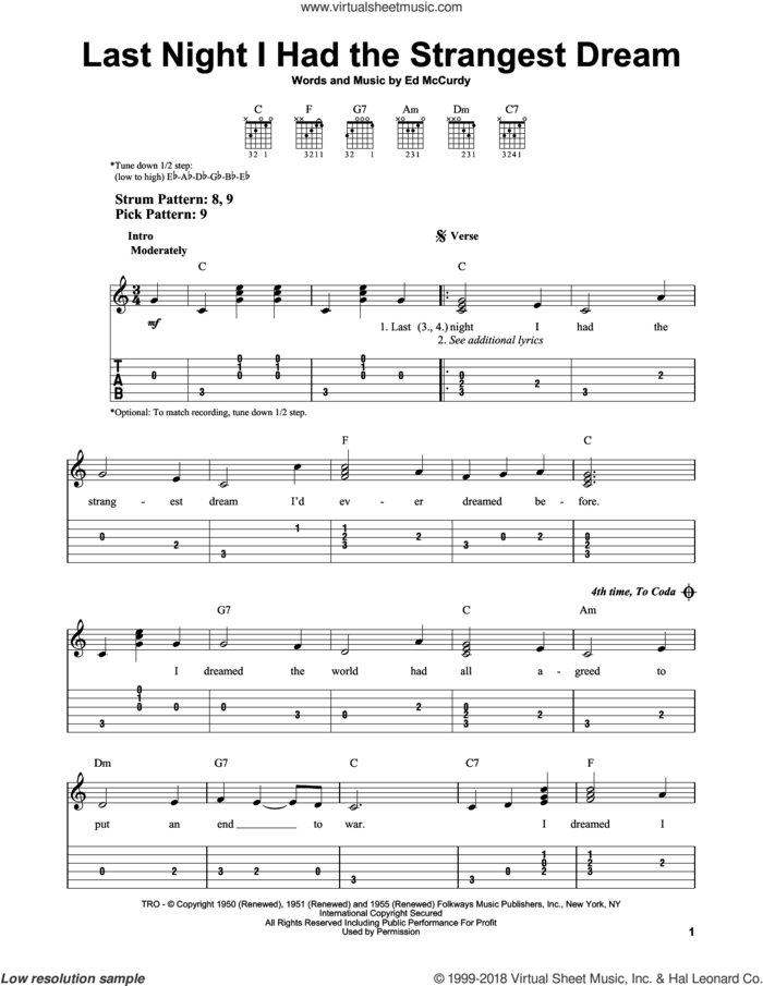 Last Night I Had The Strangest Dream sheet music for guitar solo (easy tablature) by Simon & Garfunkel and Ed McCurdy, easy guitar (easy tablature)