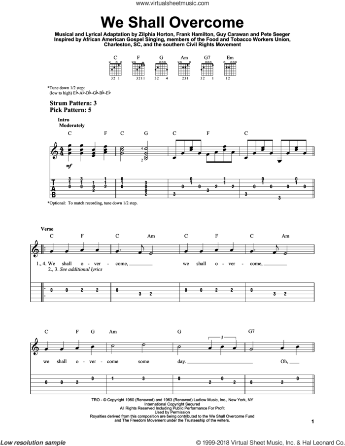 We Shall Overcome sheet music for guitar solo (easy tablature) by Pete Seeger, Peter, Paul & Mary, Frank Hamilton, Guy Carawan and Zilphia Horton, easy guitar (easy tablature)