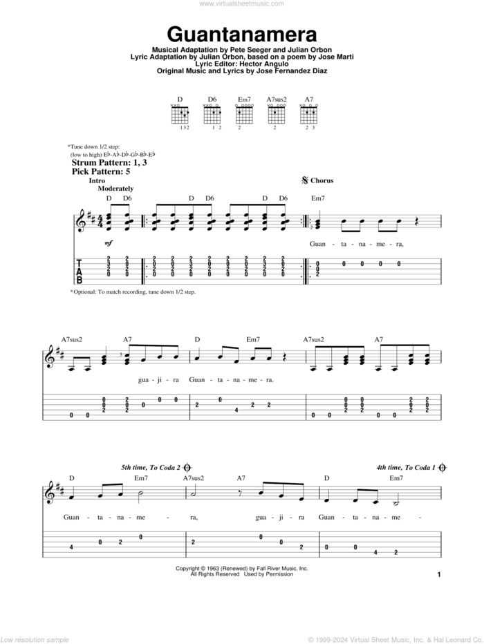 Guantanamera sheet music for guitar solo (easy tablature) by Julio Iglesias, Hector Angulo, Jose Fernandez Diaz, Jose Fernandez Diaz, Julian Orbon and Pete Seeger, easy guitar (easy tablature)