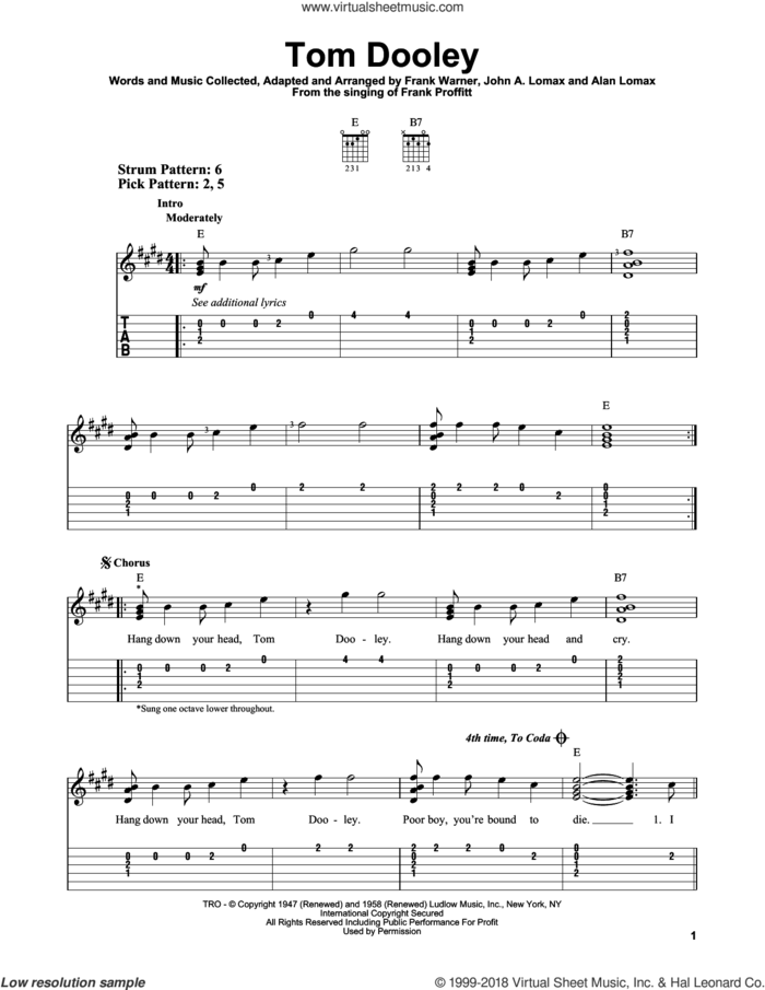 Tom Dooley sheet music for guitar solo (easy tablature) by Kingston Trio, Frank Warner and John A. Lomax, easy guitar (easy tablature)