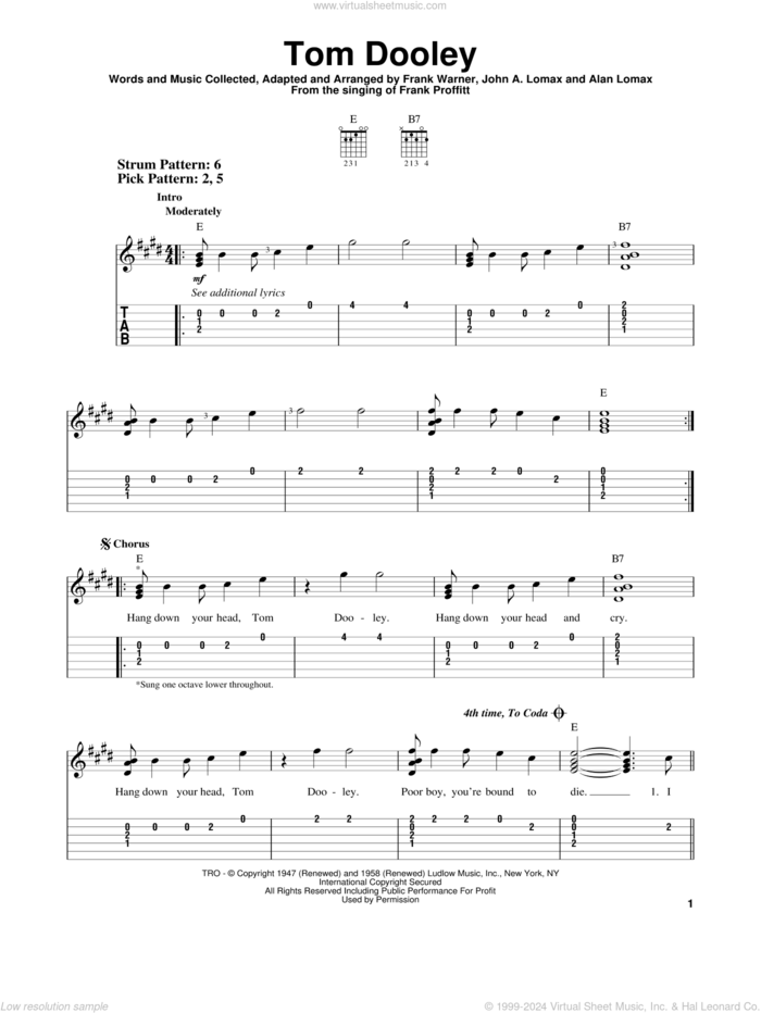 Tom Dooley sheet music for guitar solo (easy tablature) by Kingston Trio, Frank Warner and John A. Lomax, easy guitar (easy tablature)