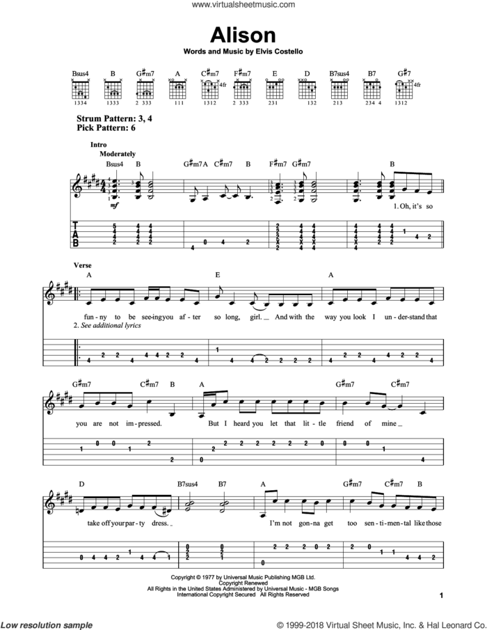 Alison sheet music for guitar solo (easy tablature) by Elvis Costello, easy guitar (easy tablature)